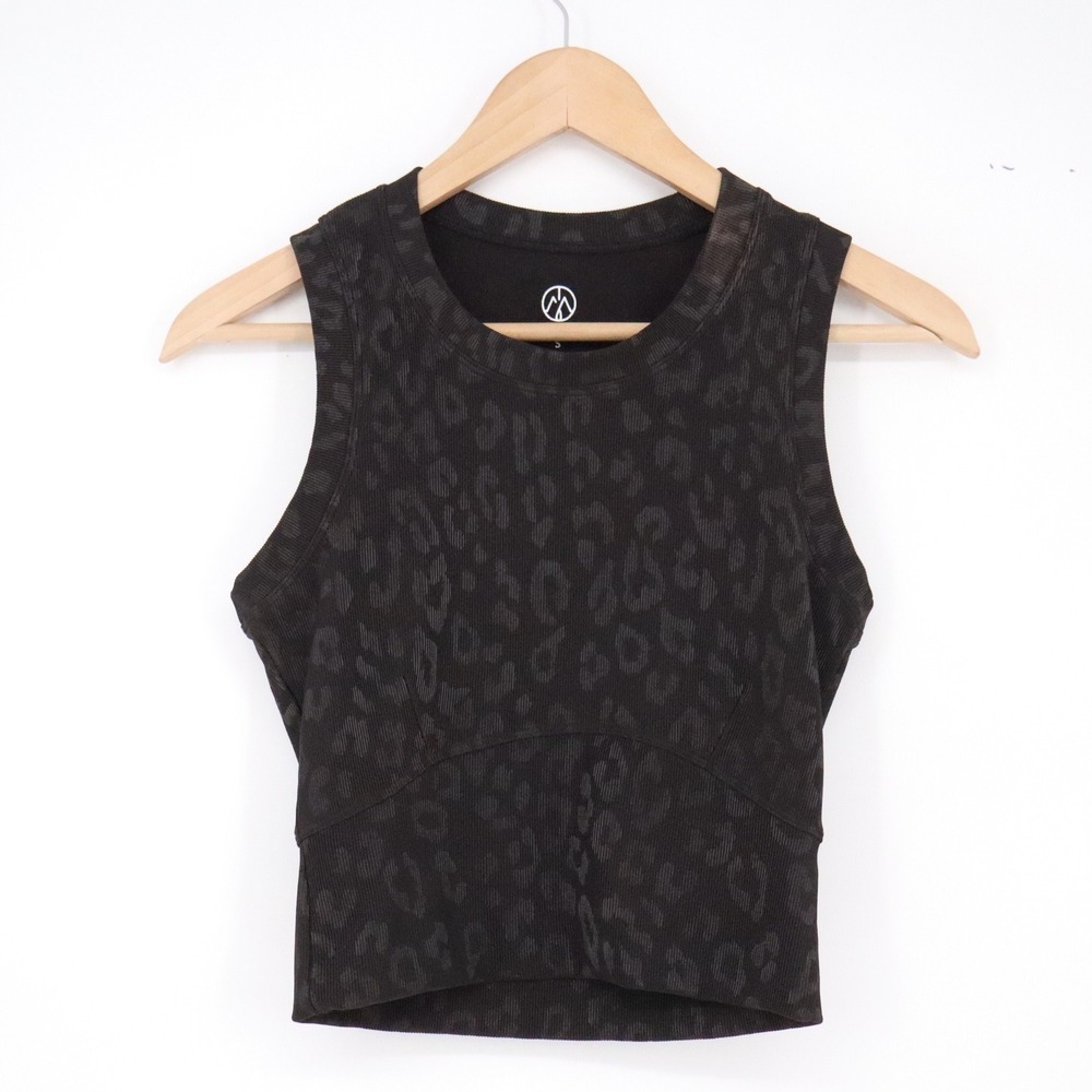 Move Theology Tank Top Womens S Cropped Black Leopard Print Ribbed Excellent